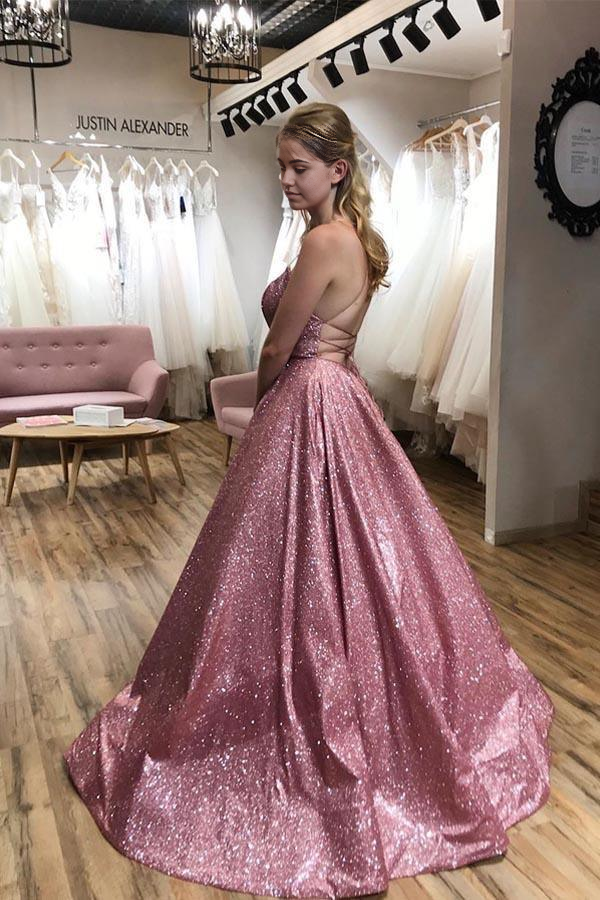 A-line Scoop Spaghetti Straps Sparkle evening gowns Prom Dress